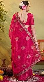 Elegant Pink Color Organza Fabric Partywear Saree