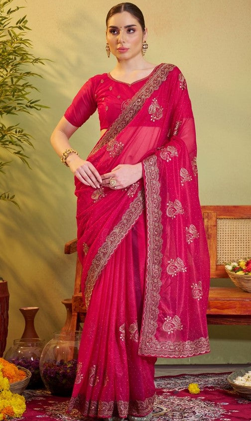 Elegant Pink Color Organza Fabric Partywear Saree