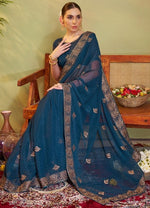 Elegant Teal  Color Chiffon Fabric Partywear Saree