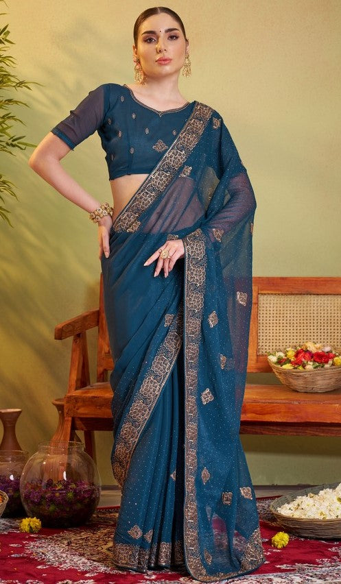 Elegant Teal  Color Chiffon Fabric Partywear Saree