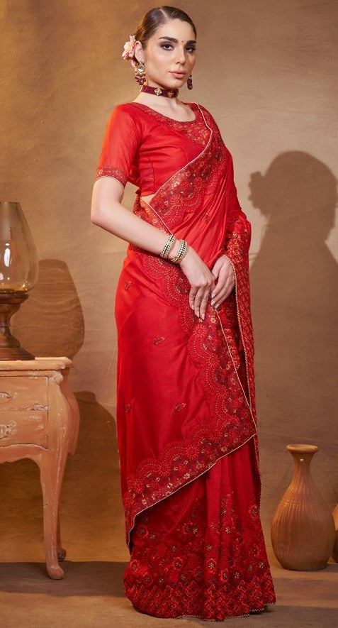 Elegant Red Color Vichitra  Fabric Partywear Saree