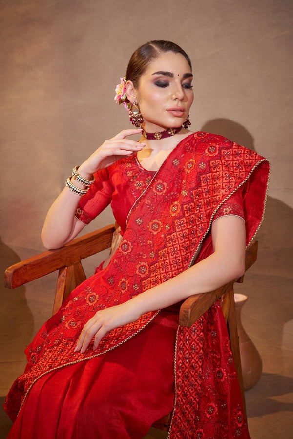 Elegant Red Color Vichitra  Fabric Partywear Saree