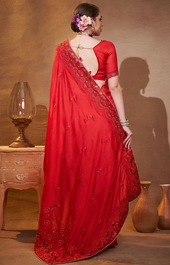 Elegant Red Color Vichitra  Fabric Partywear Saree