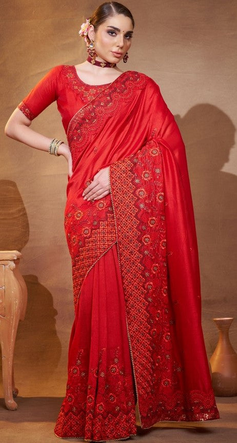 Elegant Red Color Vichitra  Fabric Partywear Saree