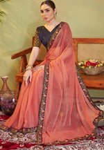 Elegant Peach Color Chiffon Fabric Partywear Saree