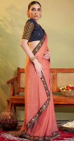 Elegant Peach Color Chiffon Fabric Partywear Saree