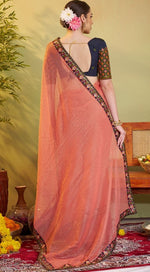 Elegant Peach Color Chiffon Fabric Partywear Saree