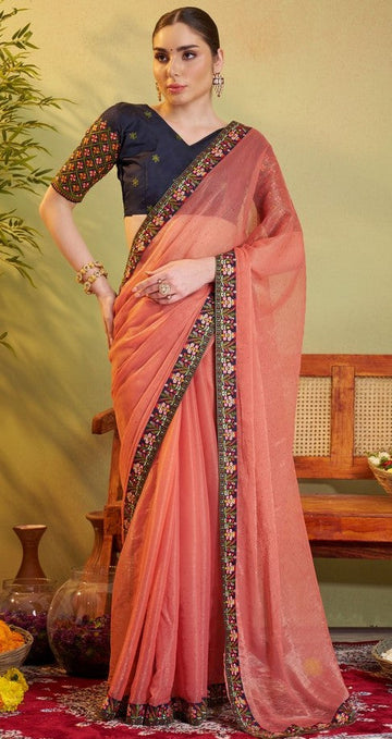 Elegant Peach Color Chiffon Fabric Partywear Saree