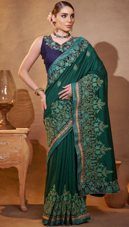 Elegant Green Color Vichitra  Fabric Partywear Saree