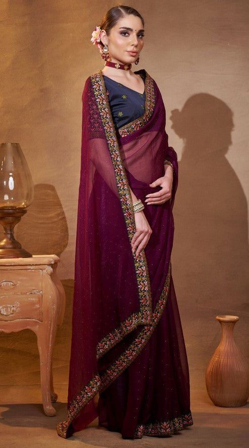 Elegant Wine Color Chiffon Fabric Partywear Saree