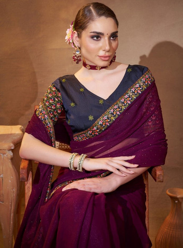 Elegant Wine Color Chiffon Fabric Partywear Saree