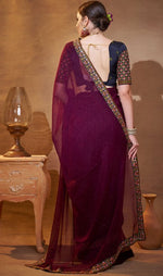 Elegant Wine Color Chiffon Fabric Partywear Saree