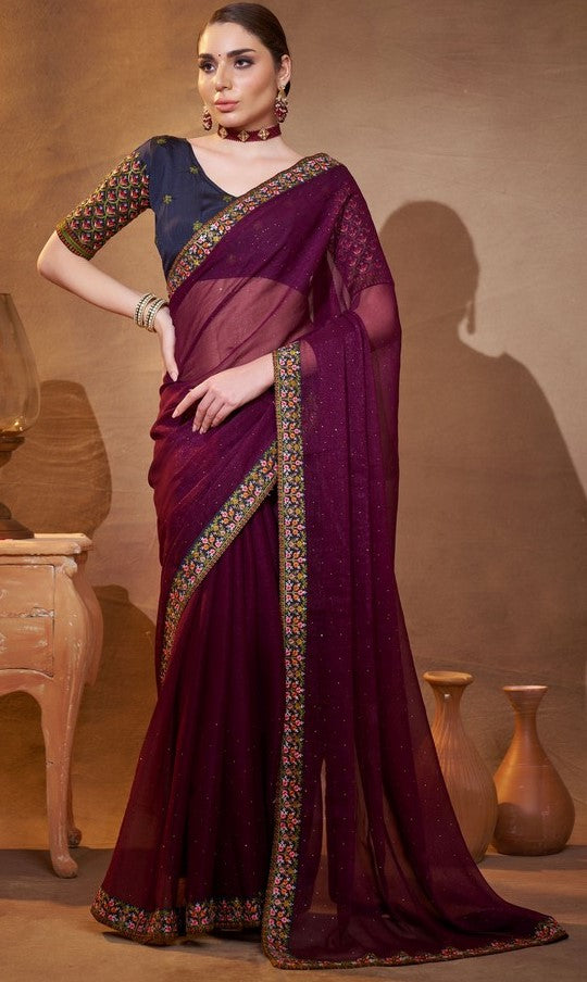 Elegant Wine Color Chiffon Fabric Partywear Saree