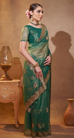 Elegant Green Color Organza Fabric Partywear Saree