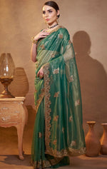 Elegant Green Color Organza Fabric Partywear Saree