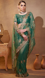 Elegant Green Color Organza Fabric Partywear Saree