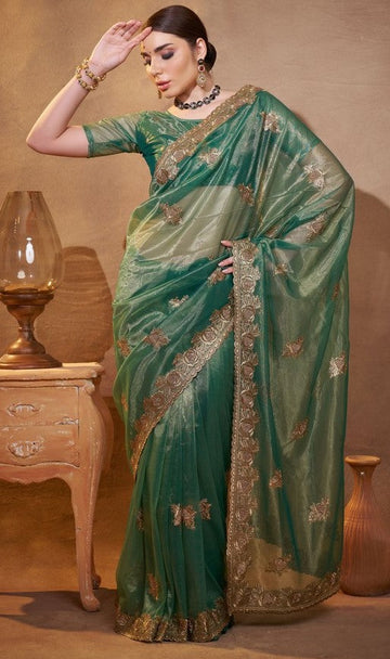 Elegant Green Color Organza Fabric Partywear Saree