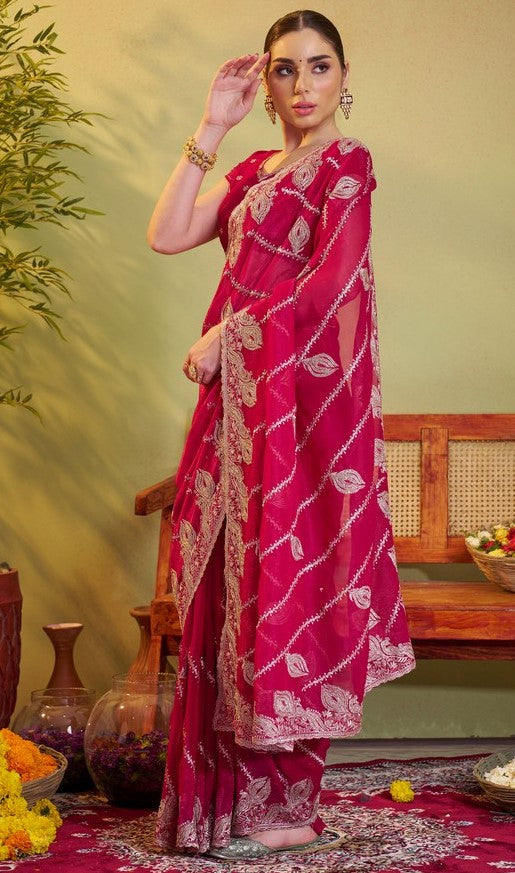 Elegant Red Color Chiffon Fabric Partywear Saree