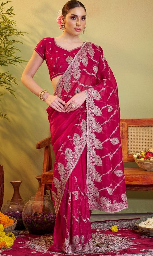 Elegant Red Color Chiffon Fabric Partywear Saree