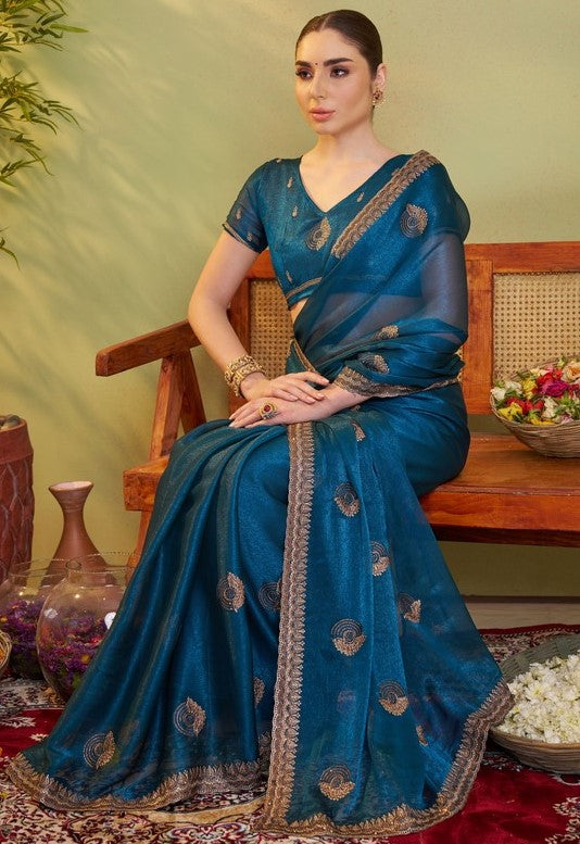 Elegant Teal Color Chiffon Fabric Partywear Saree