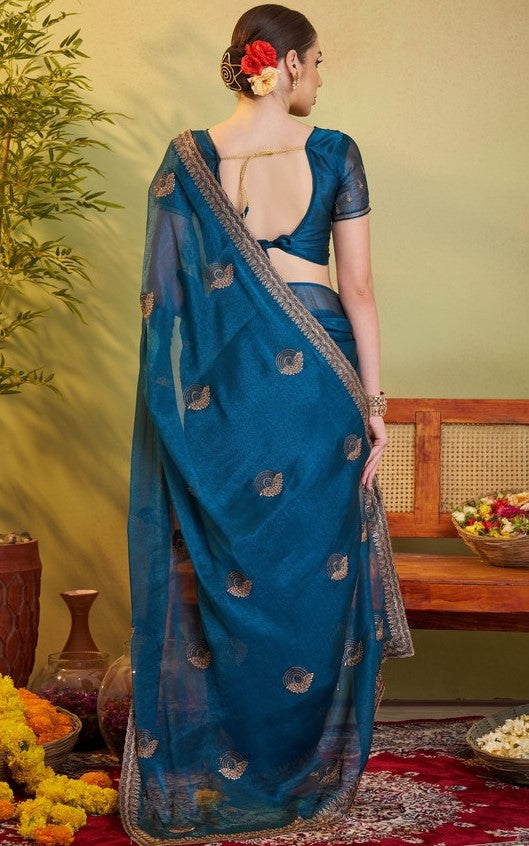 Elegant Teal Color Chiffon Fabric Partywear Saree