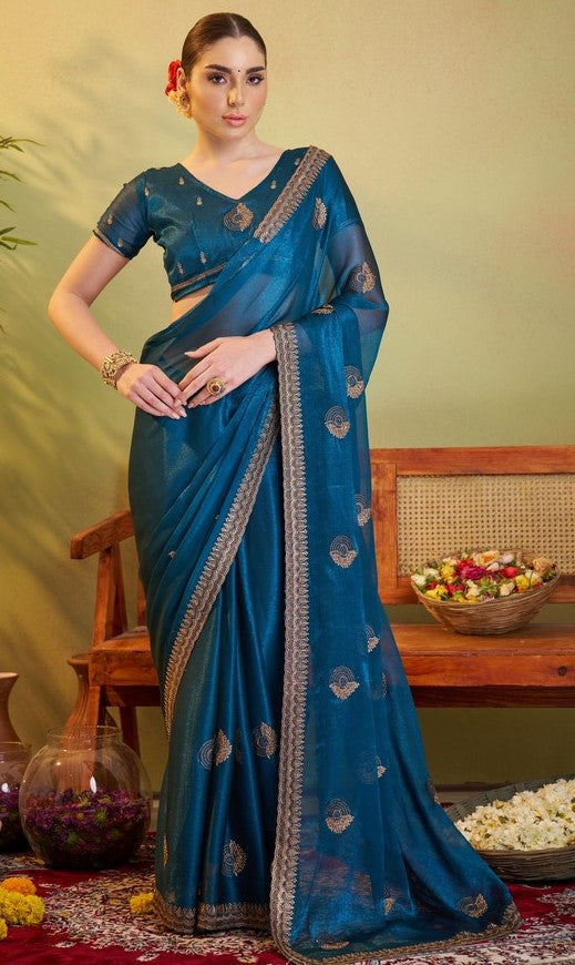 Elegant Teal Color Chiffon Fabric Partywear Saree