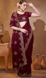 Elegant Brown Color Chiffon Fabric Partywear Saree