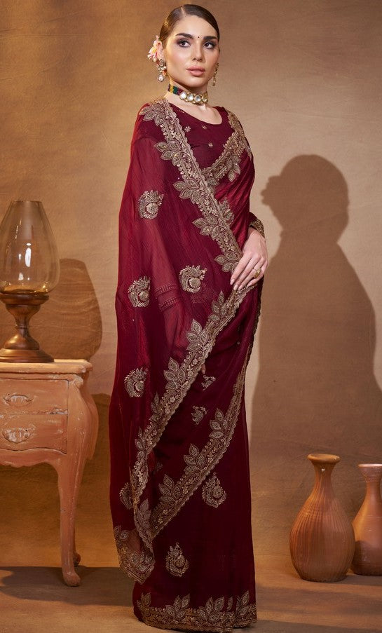 Elegant Brown Color Chiffon Fabric Partywear Saree