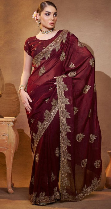 Elegant Brown Color Chiffon Fabric Partywear Saree