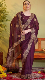 Elegant Voilet Color Chiffon Fabric Partywear Saree