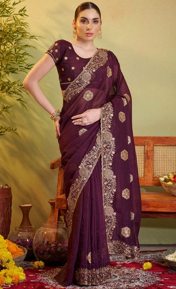 Elegant Voilet Color Chiffon Fabric Partywear Saree