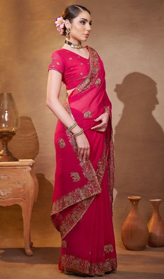 Elegant Pink Color Chiffon Fabric Partywear Saree