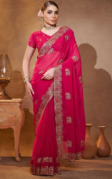 Elegant Pink Color Chiffon Fabric Partywear Saree