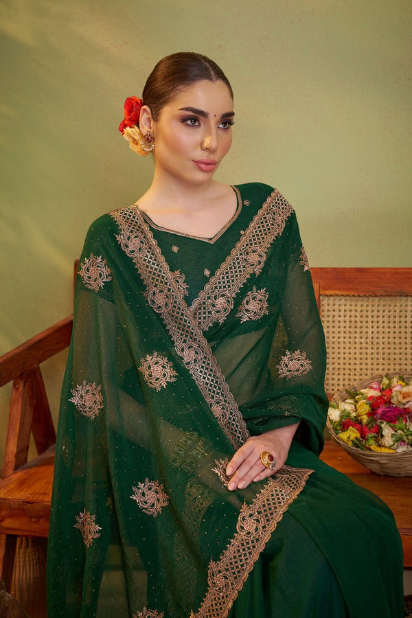 Elegant Green Color Chiffon Fabric Partywear Saree