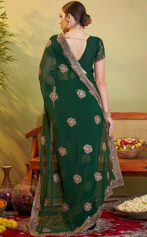 Elegant Green Color Chiffon Fabric Partywear Saree