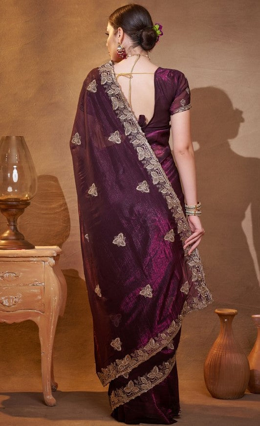 Elegant Voilet Color Chiffon Fabric Partywear Saree