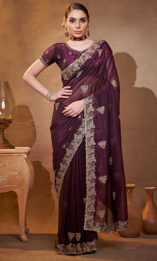 Elegant Voilet Color Chiffon Fabric Partywear Saree