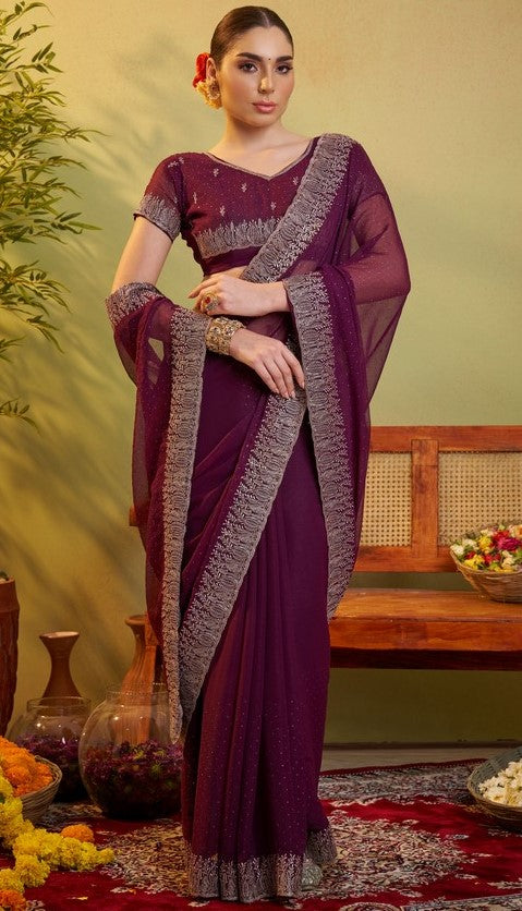 Elegant Voilet Color Chiffon Fabric Partywear Saree