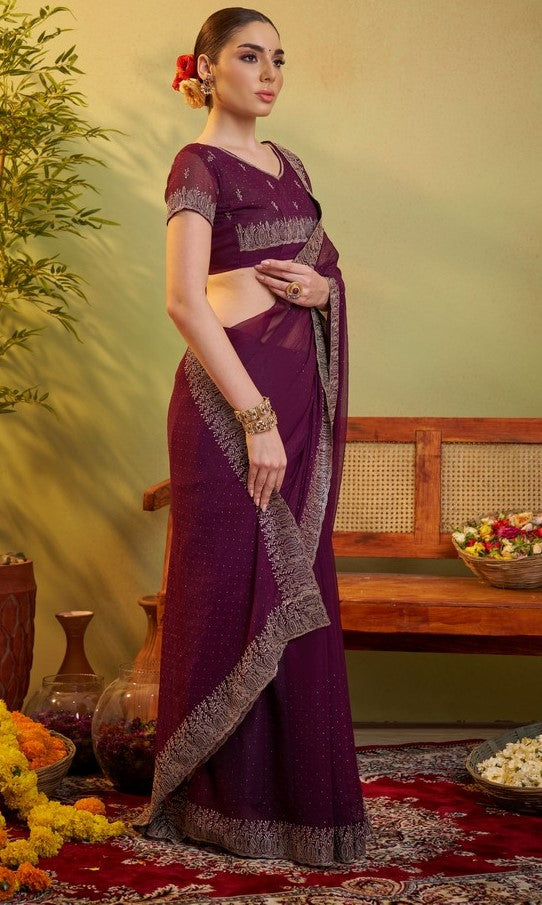 Elegant Voilet Color Chiffon Fabric Partywear Saree