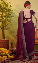 Elegant Voilet Color Chiffon Fabric Partywear Saree