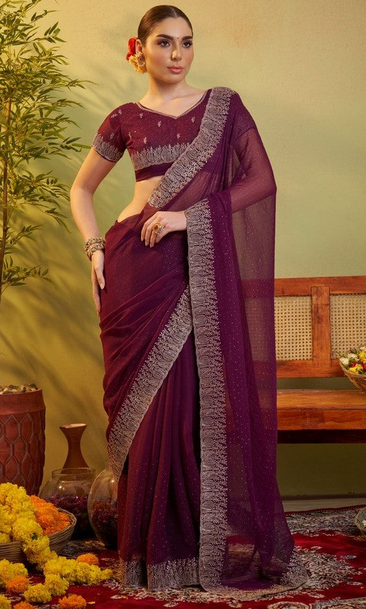 Elegant Voilet Color Chiffon Fabric Partywear Saree