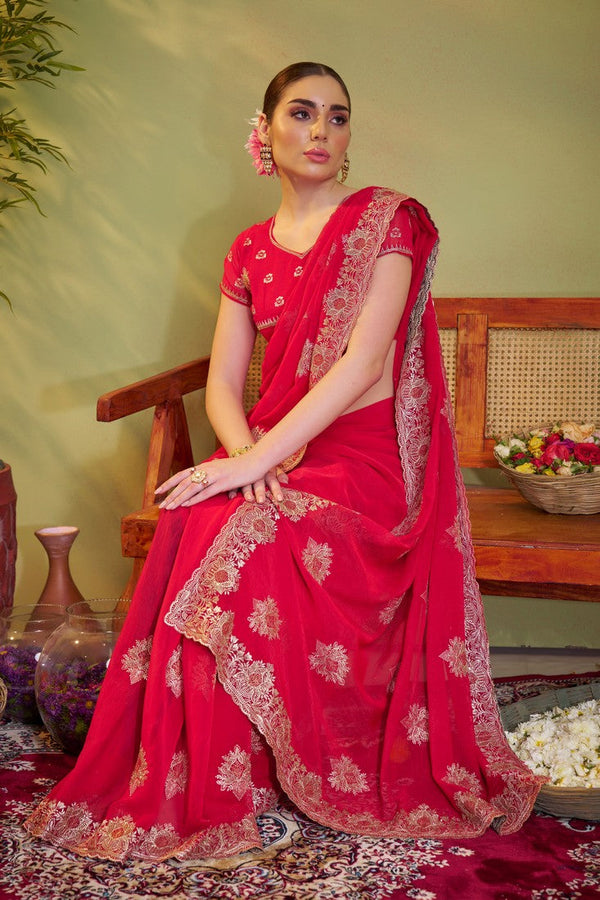 Elegant Red Color Chiffon Fabric Partywear Saree