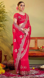 Elegant Red Color Chiffon Fabric Partywear Saree