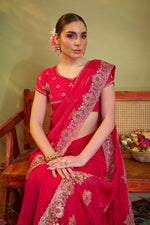 Elegant Red Color Chiffon Fabric Partywear Saree