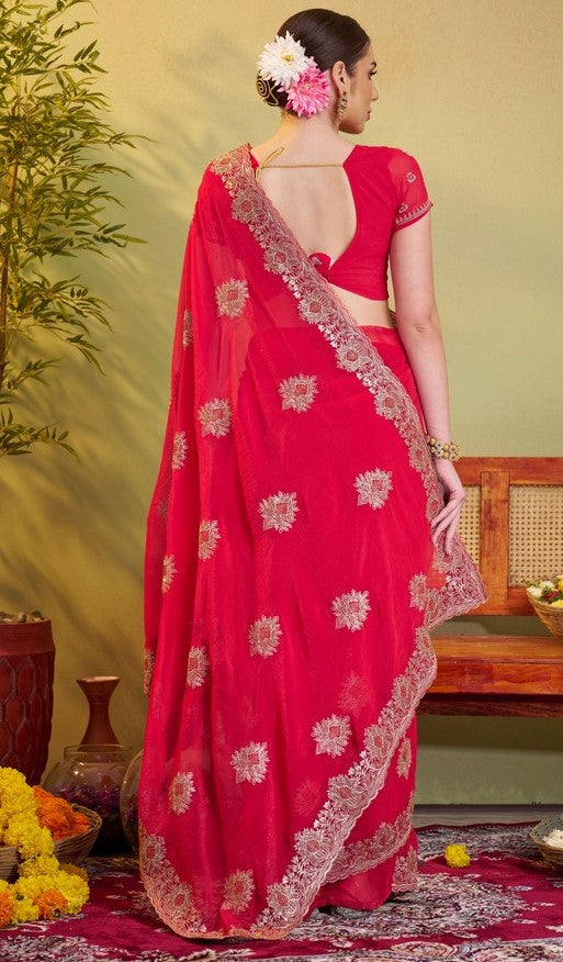 Elegant Red Color Chiffon Fabric Partywear Saree