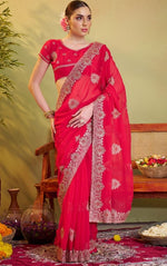 Elegant Red Color Chiffon Fabric Partywear Saree