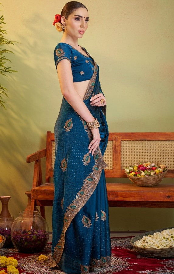 Elegant Teal Color Satin Fabric Partywear Saree