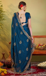 Elegant Teal Color Satin Fabric Partywear Saree