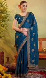 Elegant Teal Color Satin Fabric Partywear Saree