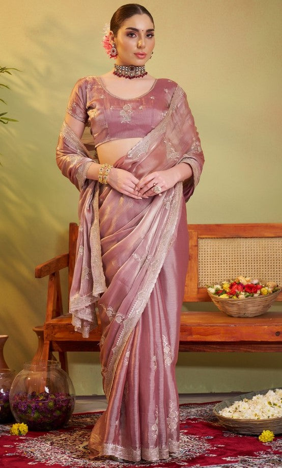 Elegant Pink Color Chiffon Fabric Partywear Saree